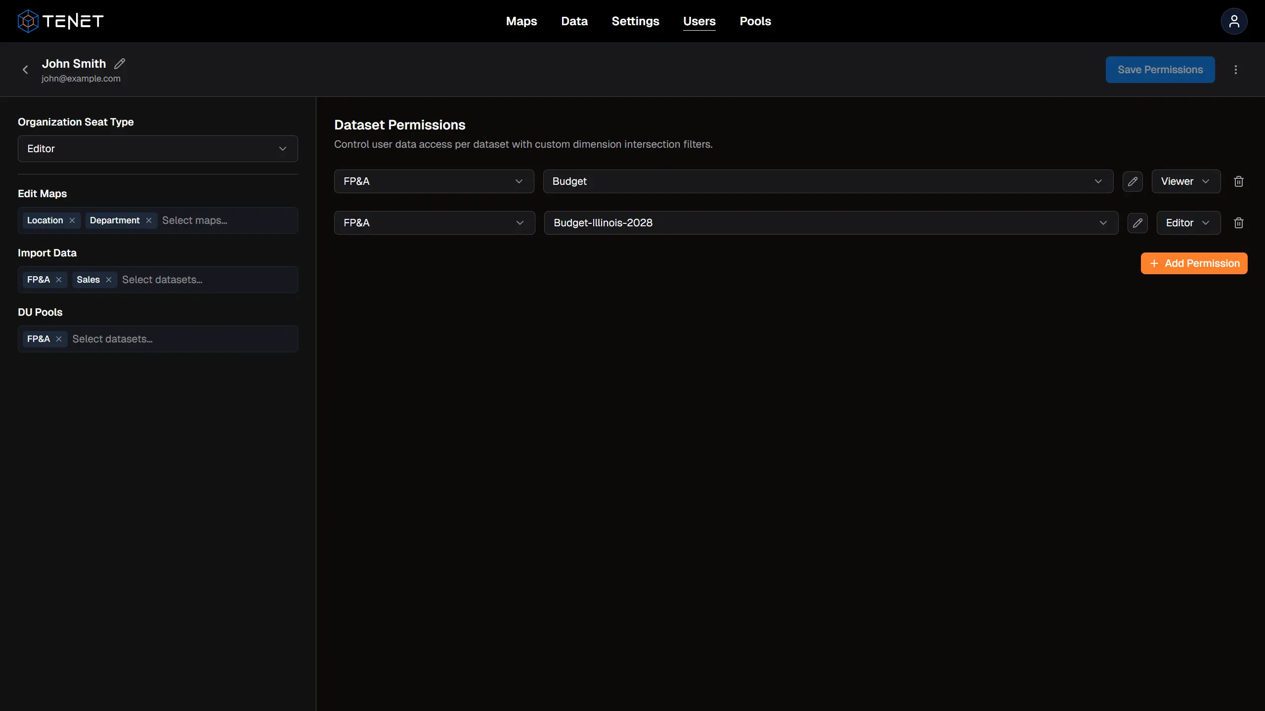 TENET Users permissions menu: dataset-level access with FP&A and Budget intersections, Viewer and Editor roles, Location and Department map chips, import datasets and DU pools, and admin toggles. Two dimension intersections: a broad actuals view and a budget editor.